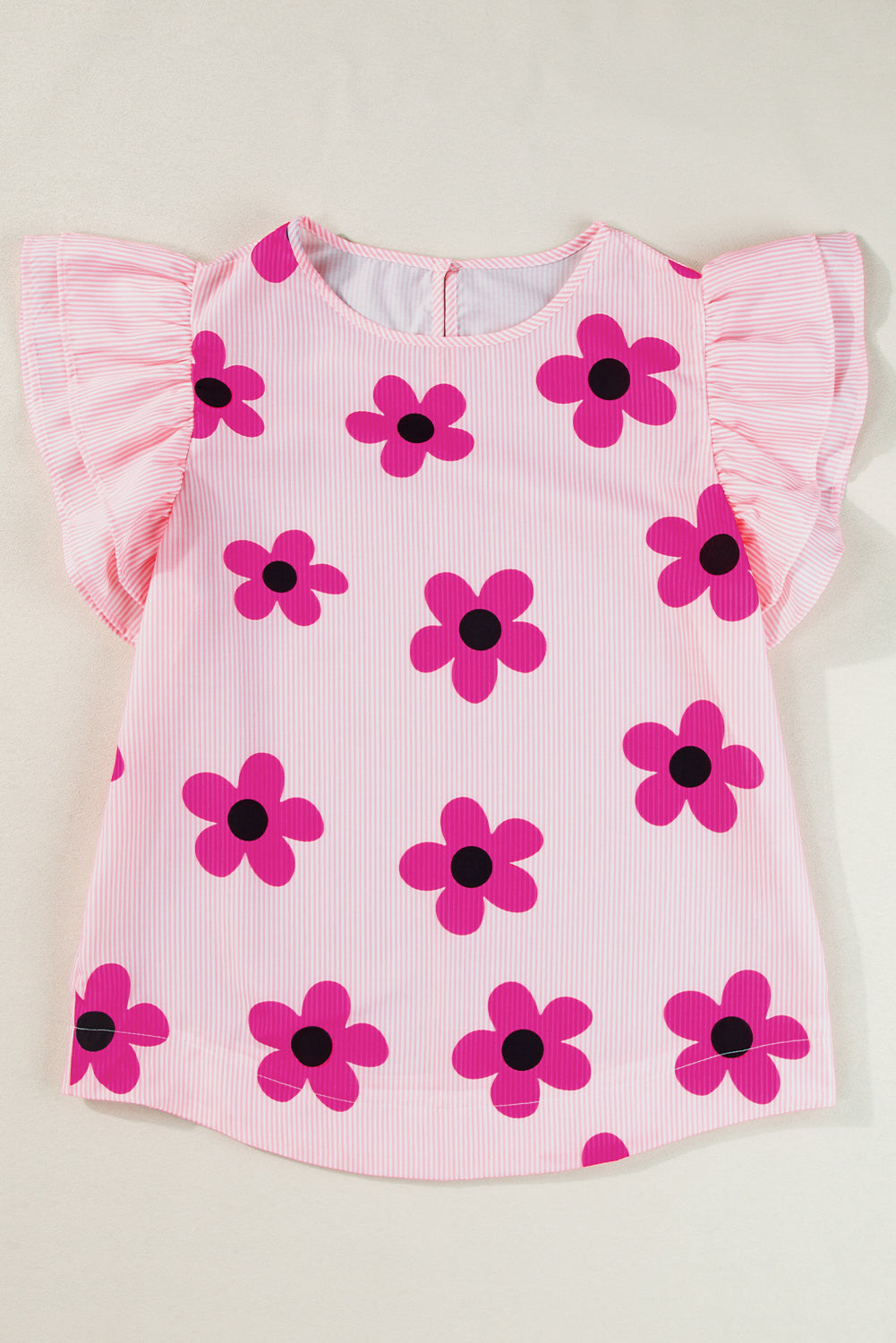 Ruffled Flower Printed Round Neck Cap Sleeve Blouse - Charming Charlie