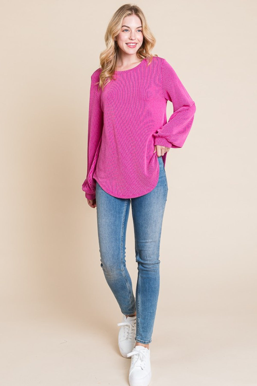 BOMBOM Long Sleeve Curved Hem Ribbed T-Shirt - Charming Charlie