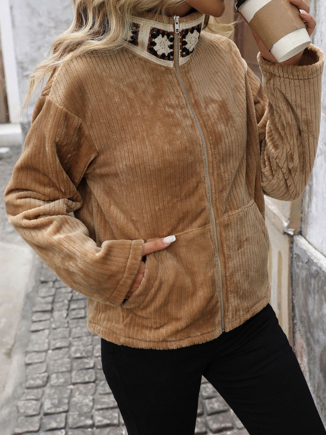 Perfee Pocketed Zip Up Collared Neck Long Sleeve Jacket - Charming Charlie