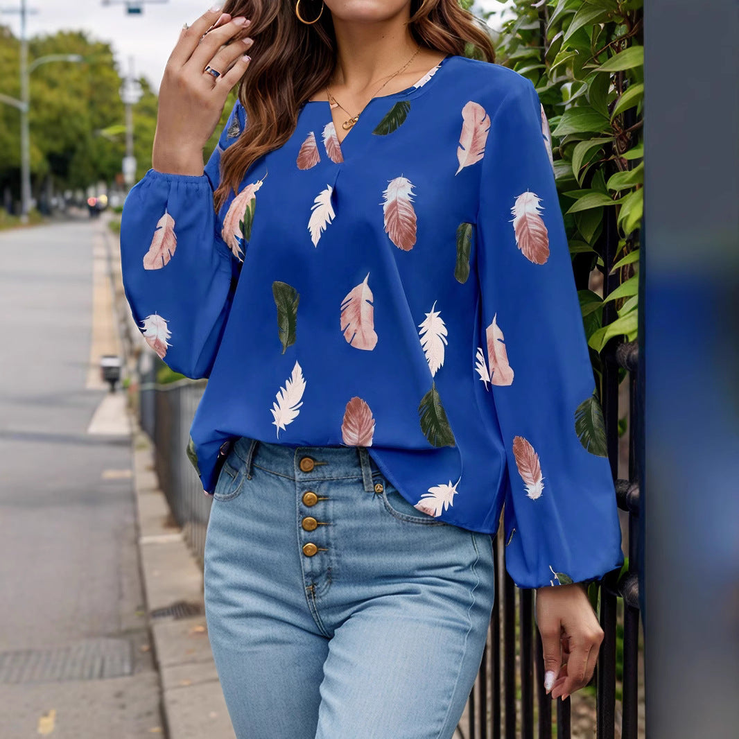 Feather Print Notched Balloon Sleeve Top - Charming Charlie