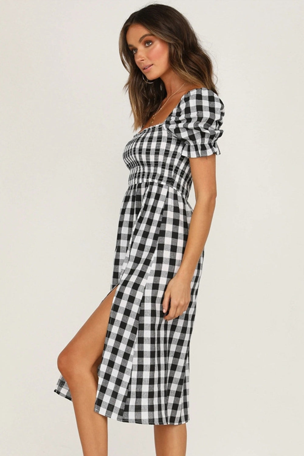 Full Size Slit Plaid Short Sleeve Midi Dress - Charming Charlie