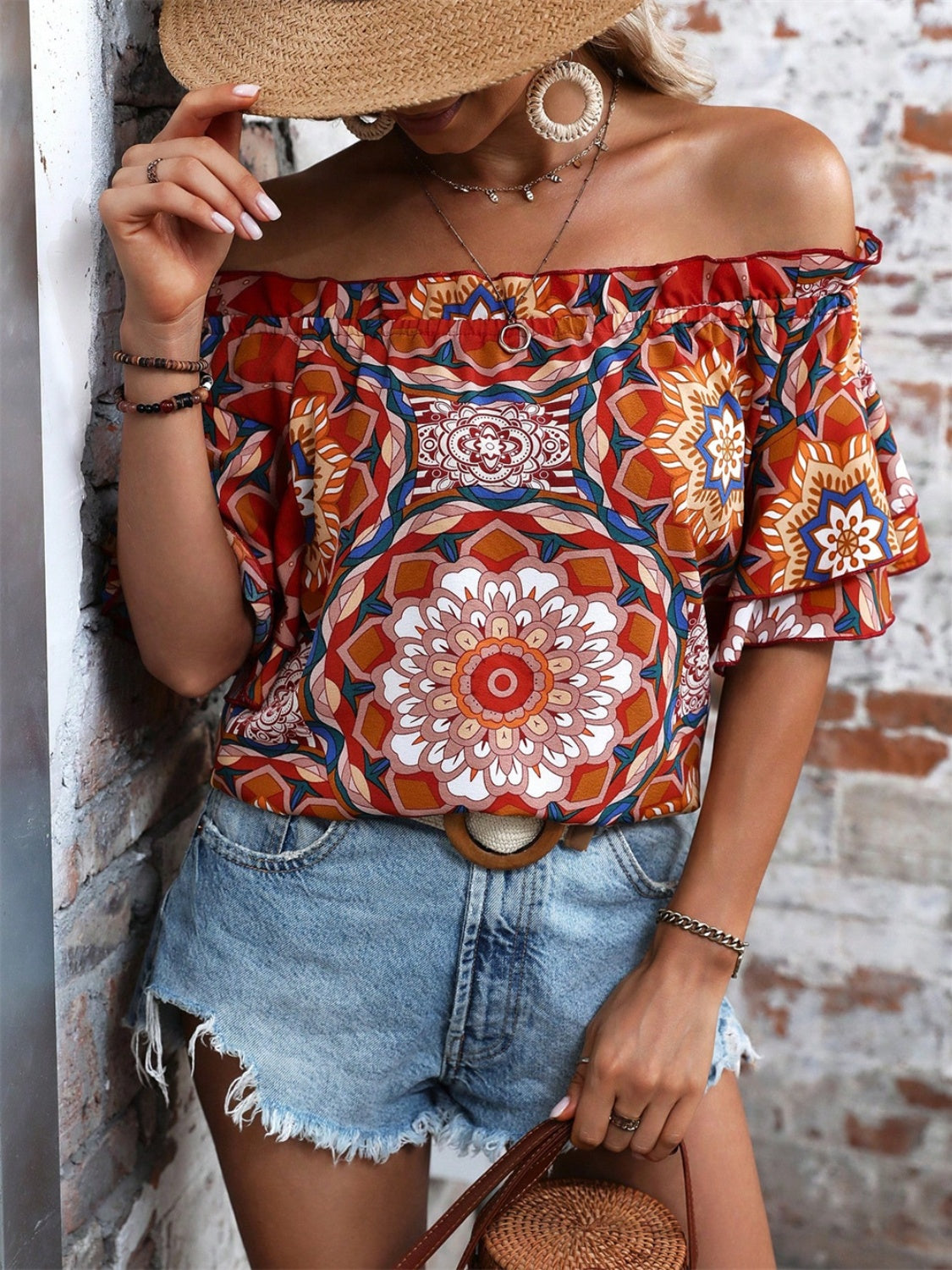 Printed Off-Shoulder Half Sleeve Blouse - Charming Charlie