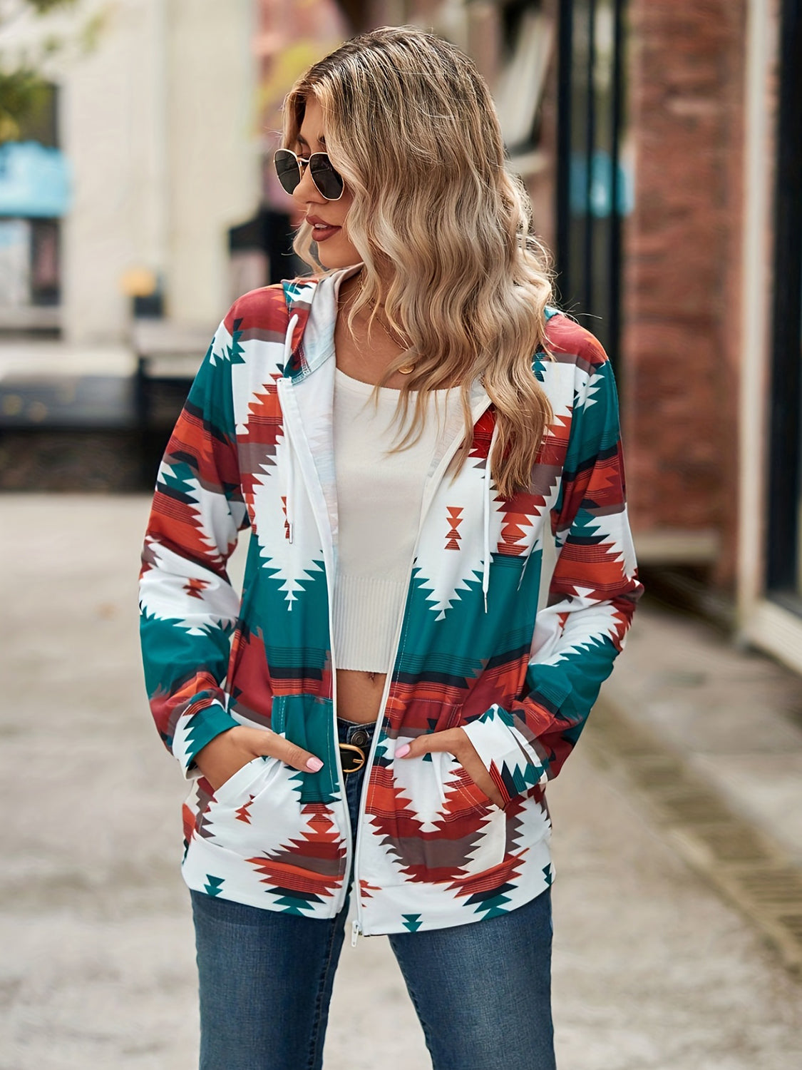 Geometric Zip Up Long Sleeve Hooded Jacket - Charming Charlie