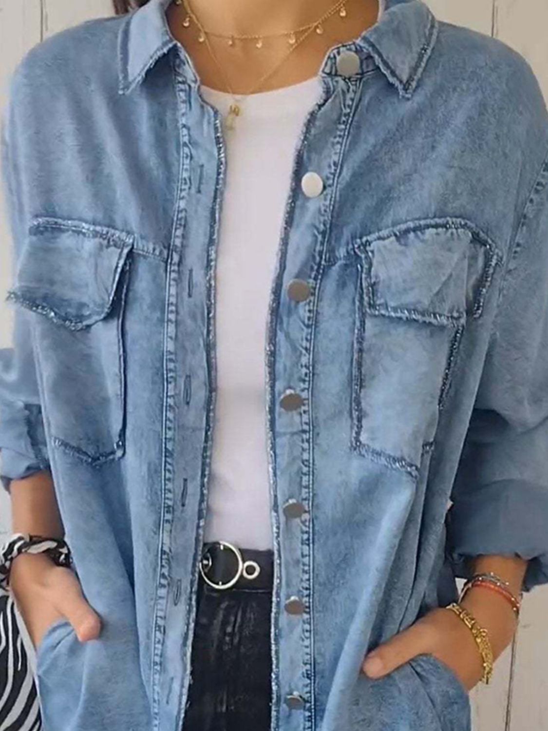 Full Size Raw Hem Button Up Long Sleeve Denim Top Plus Size - Charming Charlie