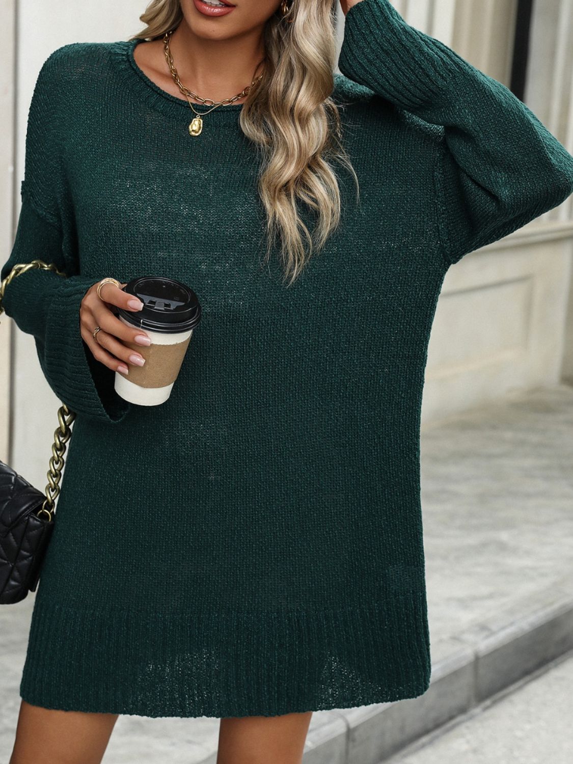 Round Neck Dropped Shoulder Sweater - Charming Charlie