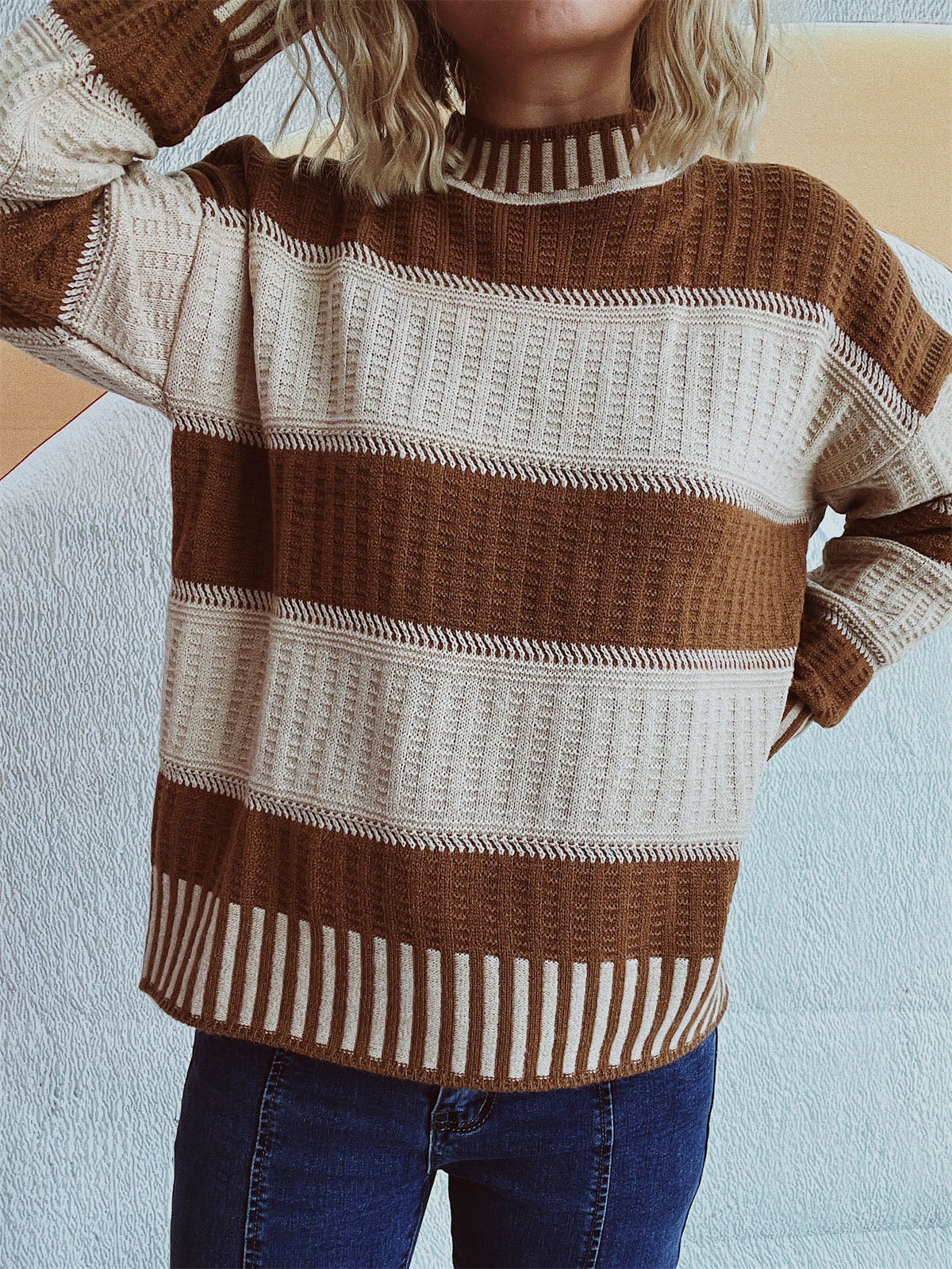 Contrast Round Neck Long Sleeve Sweater - Charming Charlie