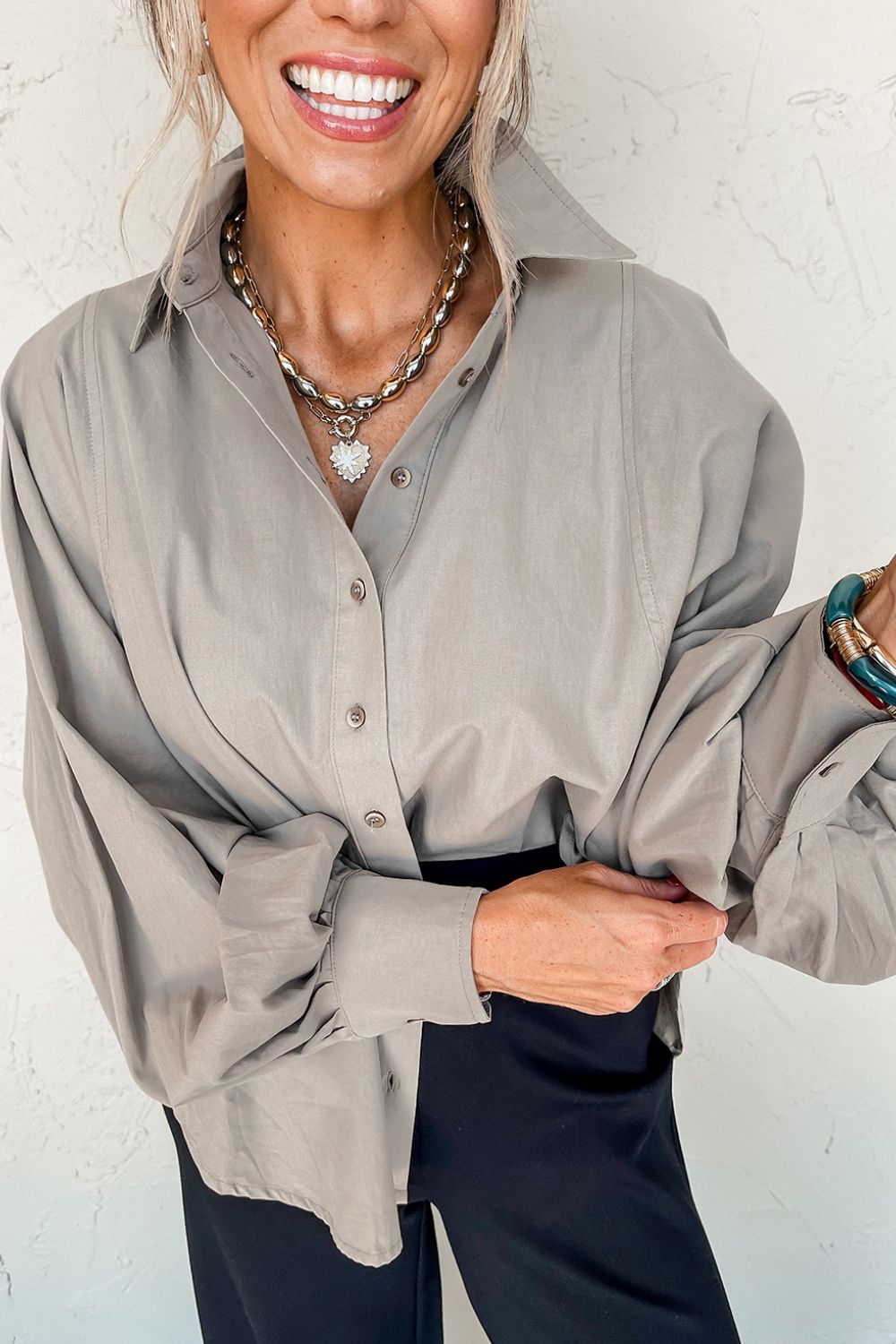 Button Down Collared Neck Long Sleeve Shirt - Charming Charlie