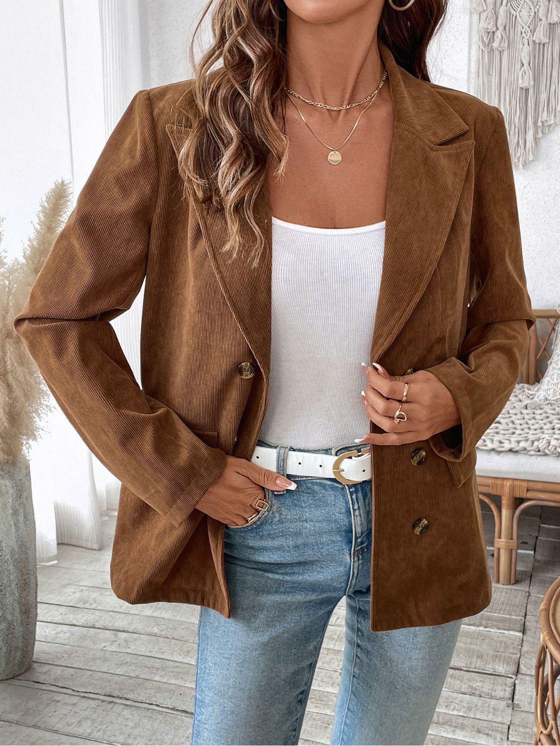 Perfee Decorative Pocket Flap Lapel Collar Long Sleeve Outerwear - Charming Charlie