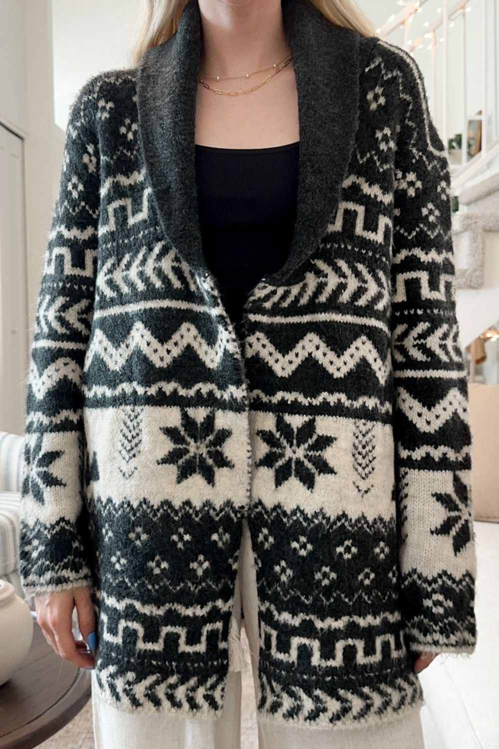 Snowflakes Collared Neck Long Sleeve Cardigan - Charming Charlie