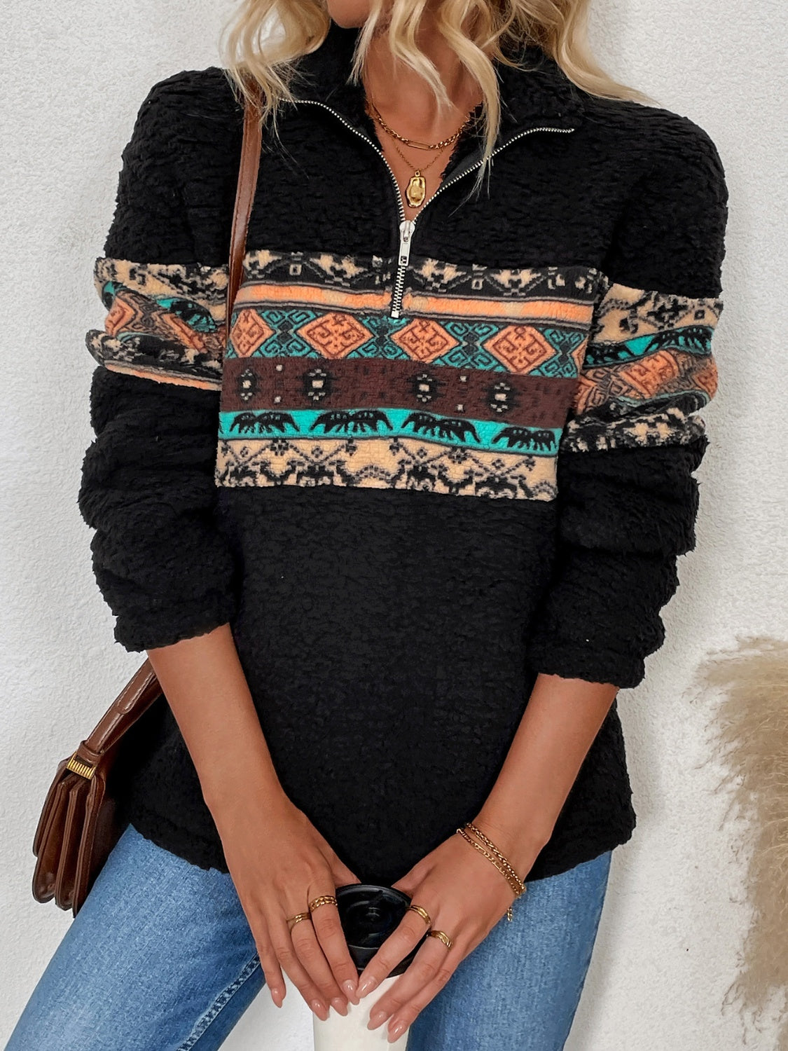 Quarter Zip Geometric Long Sleeve Sweatshirt - Charming Charlie