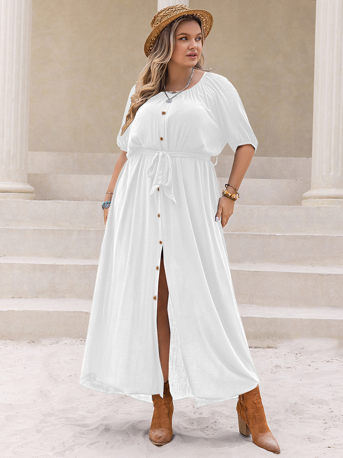 Plus Size Round Neck Half Sleeve Dress - Charming Charlie
