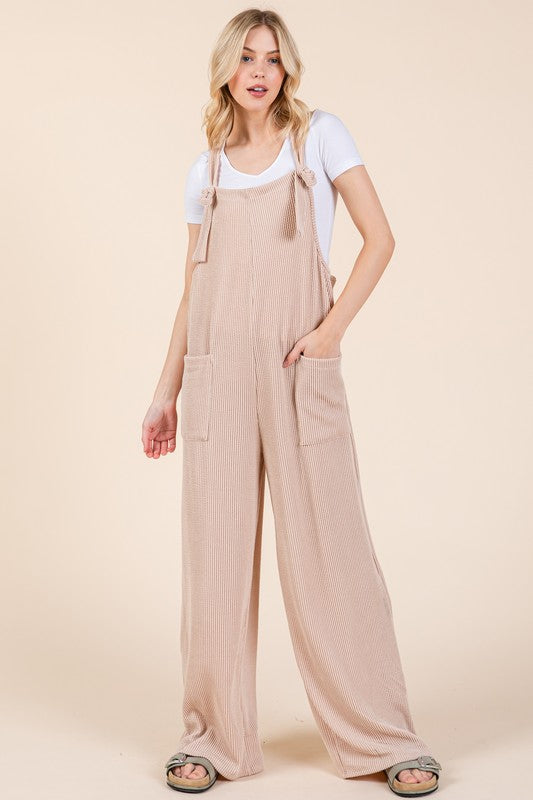 BOMBOM Knot Straps Wide Leg Ribbed Overalls with Pockets - Charming Charlie
