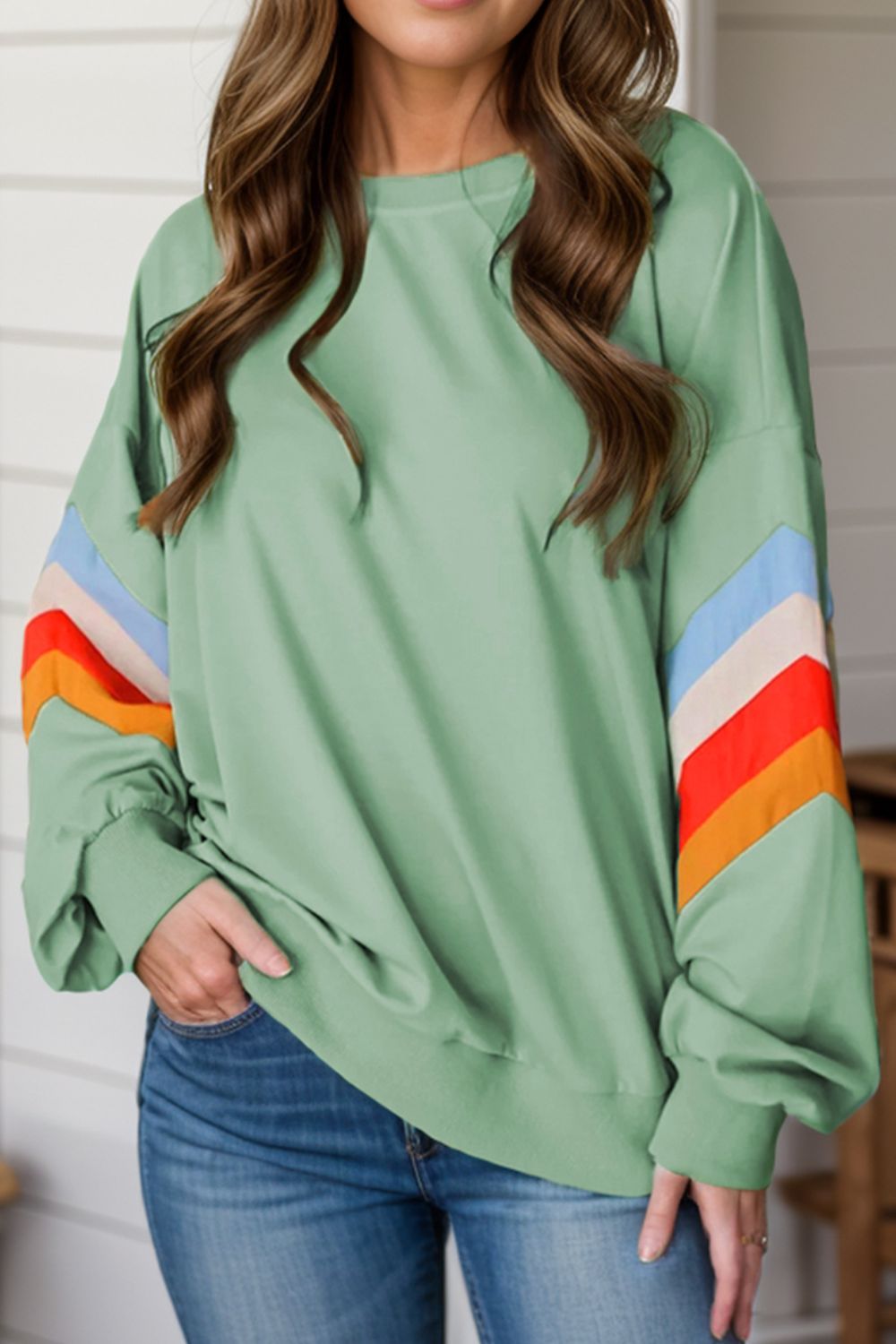 Contrast Round Neck Long Sleeve Sweatshirt - Charming Charlie