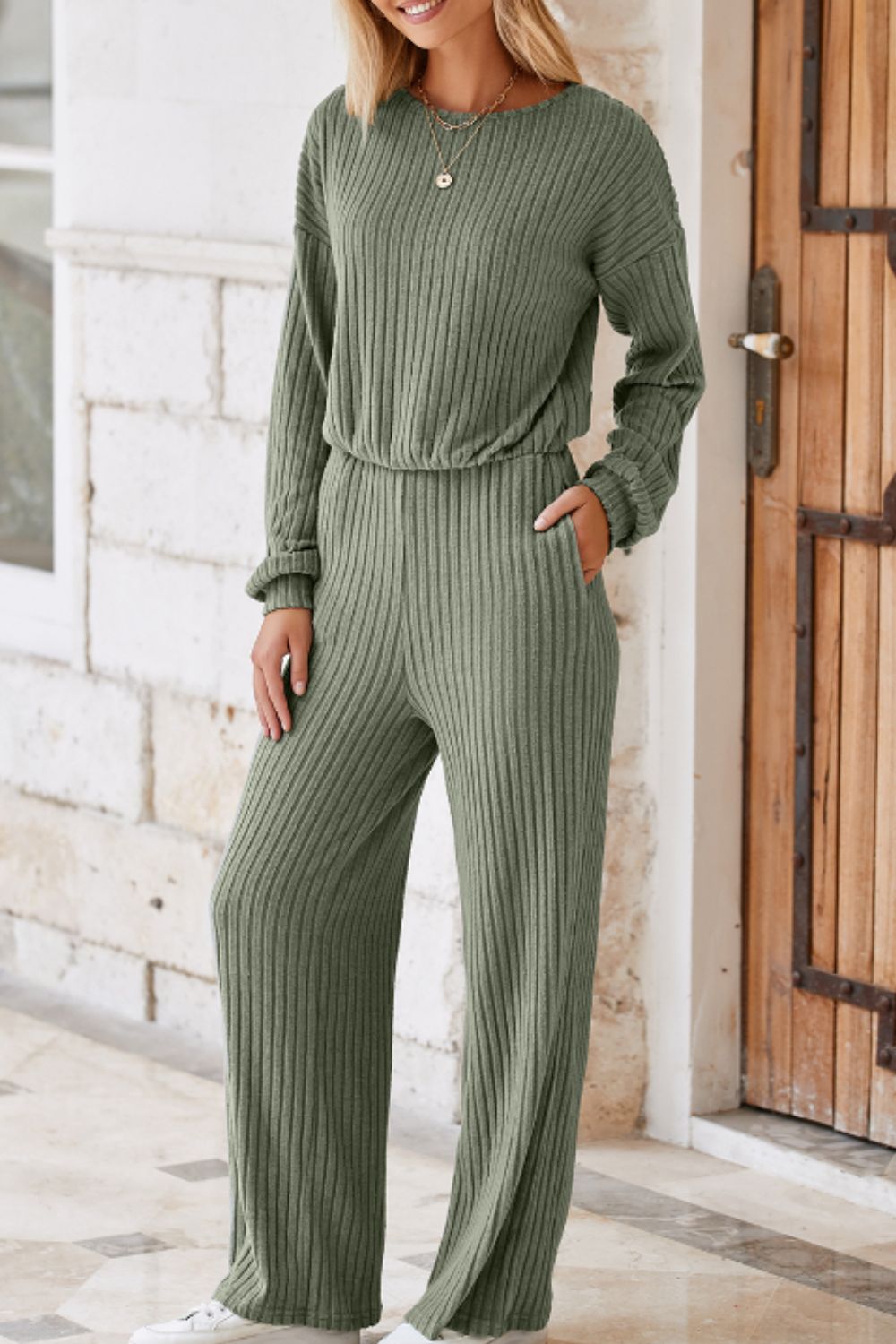 Round Neck Long Sleeve Jumpsuit - Charming Charlie