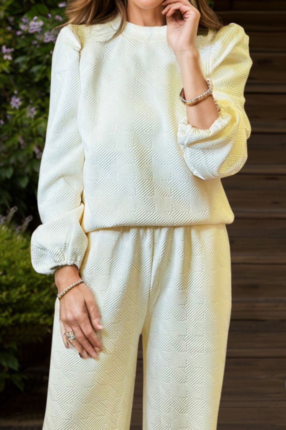 Round Neck Long Sleeve Top and Pants Set - Charming Charlie