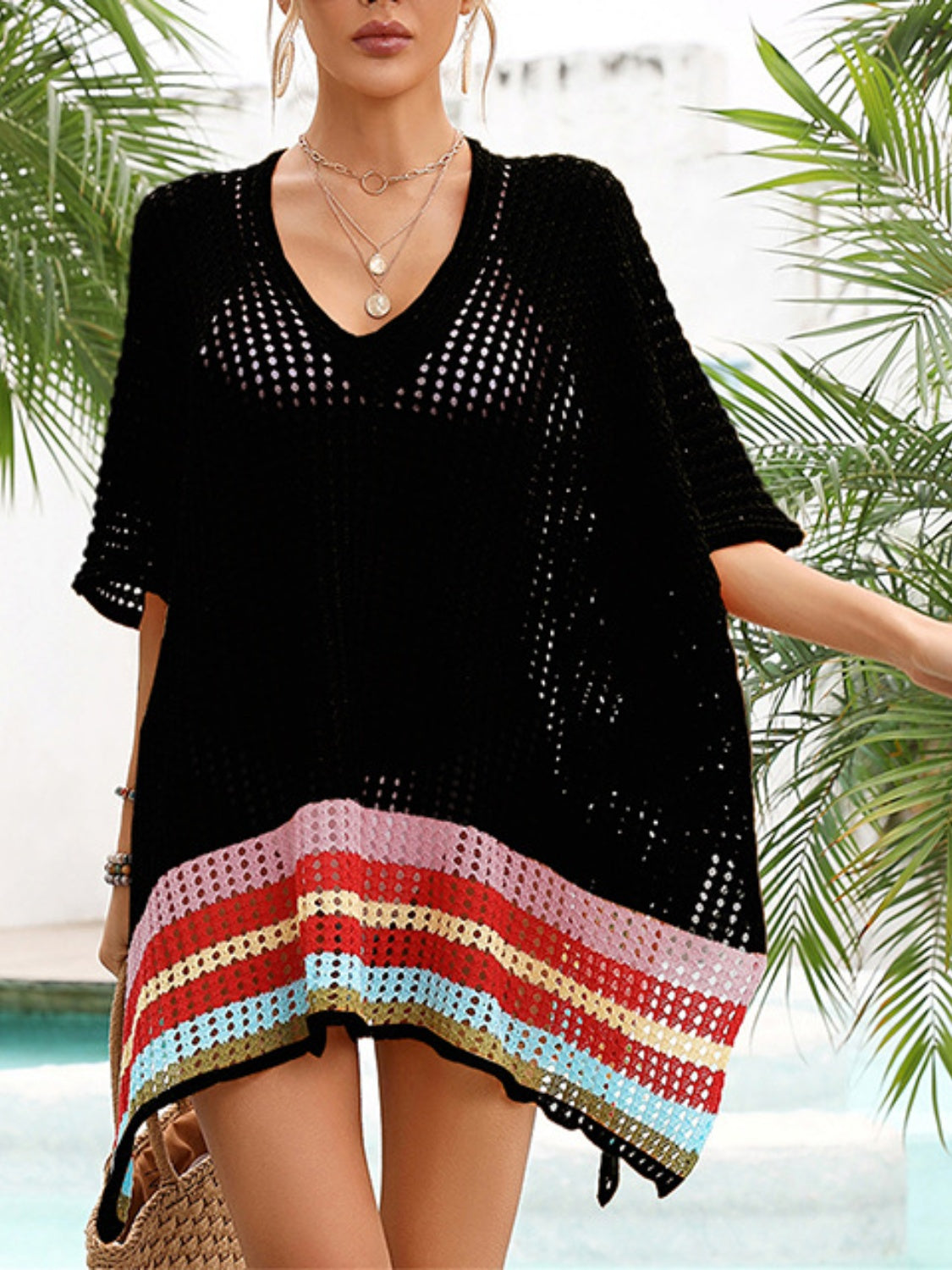 Slit Openwork V-Neck Half Sleeve Cover-Up - Charming Charlie