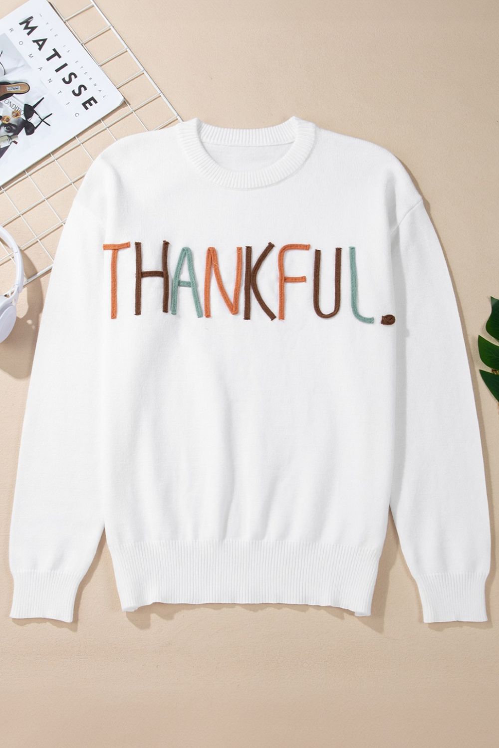 THANKFUL Round Neck Drop Shoulder Sweater - Charming Charlie