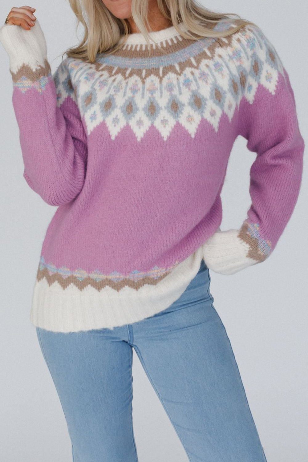 Geometric Round Neck Long Sleeve Sweater - Charming Charlie