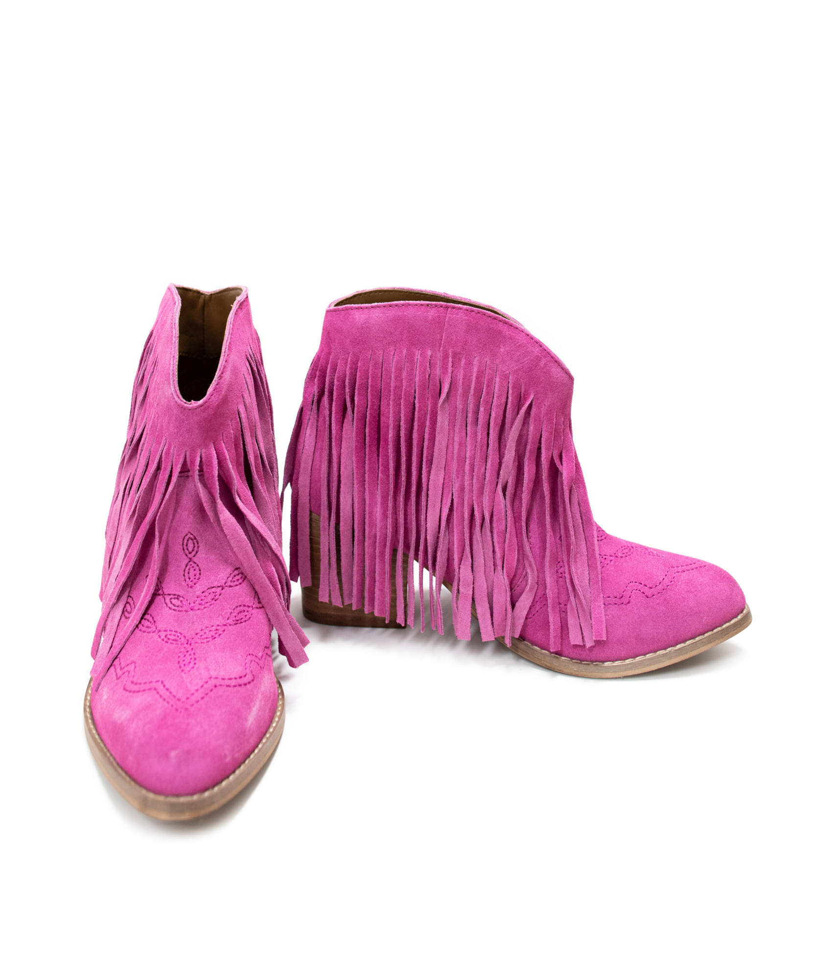 Amos Fringe Ankle Bootie in Magenta Suede - Charming Charlie