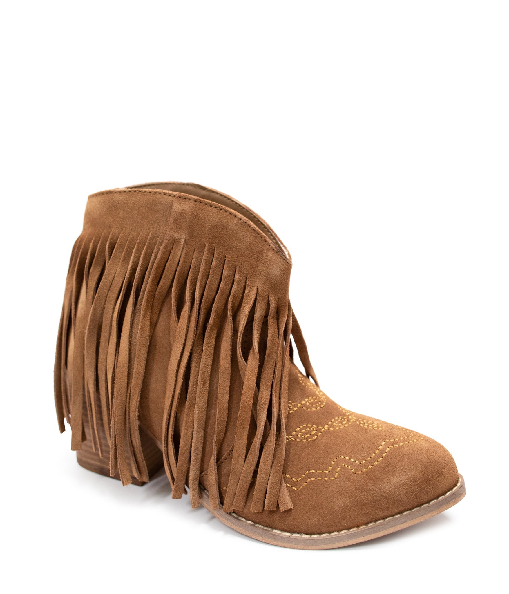Amos Fringe Ankle Bootie in Tan Suede - Charming Charlie