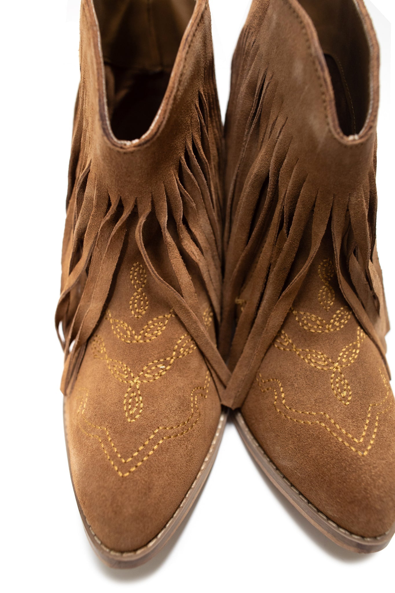 Amos Fringe Ankle Bootie in Tan Suede - Charming Charlie