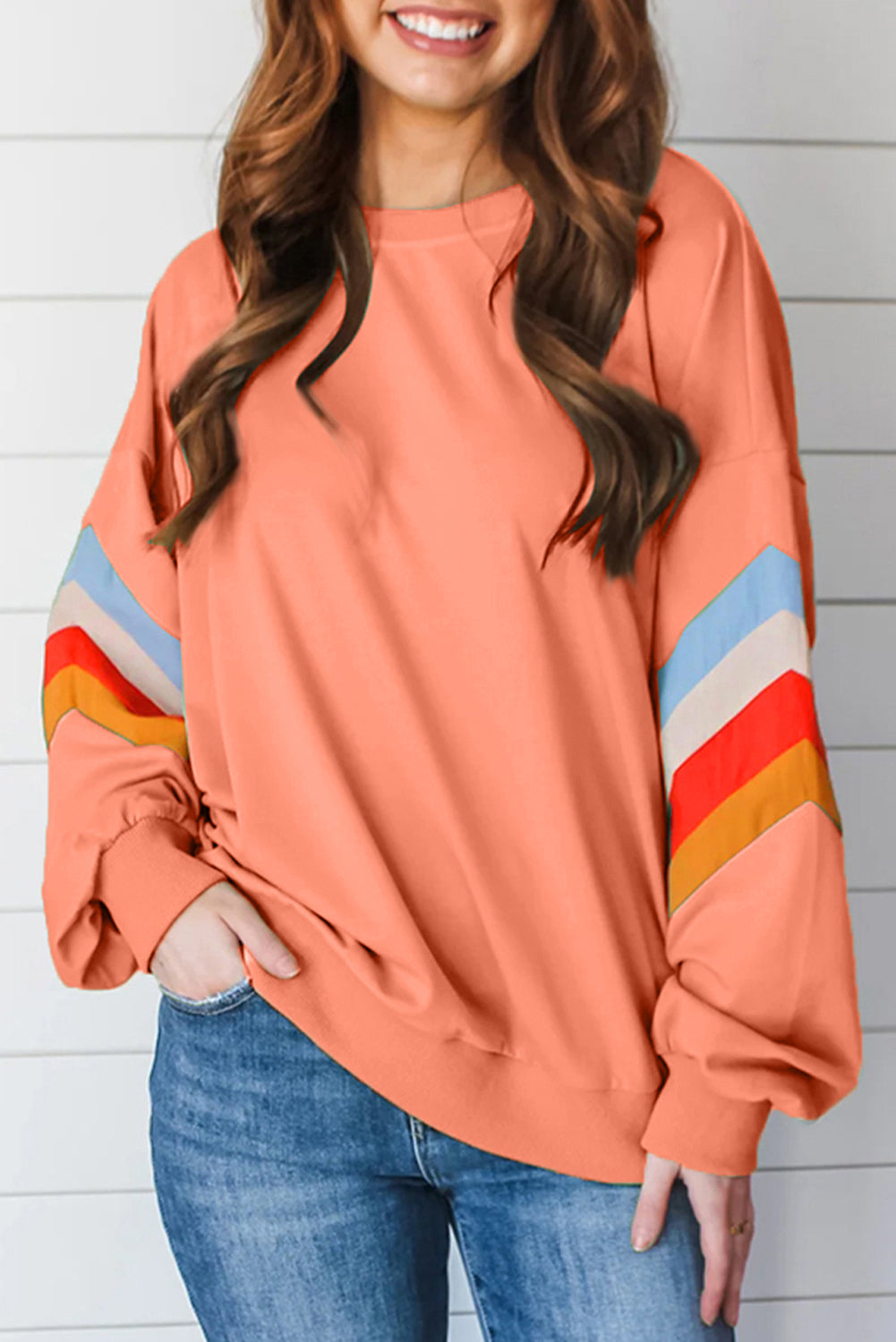 Contrast Round Neck Long Sleeve Sweatshirt - Charming Charlie