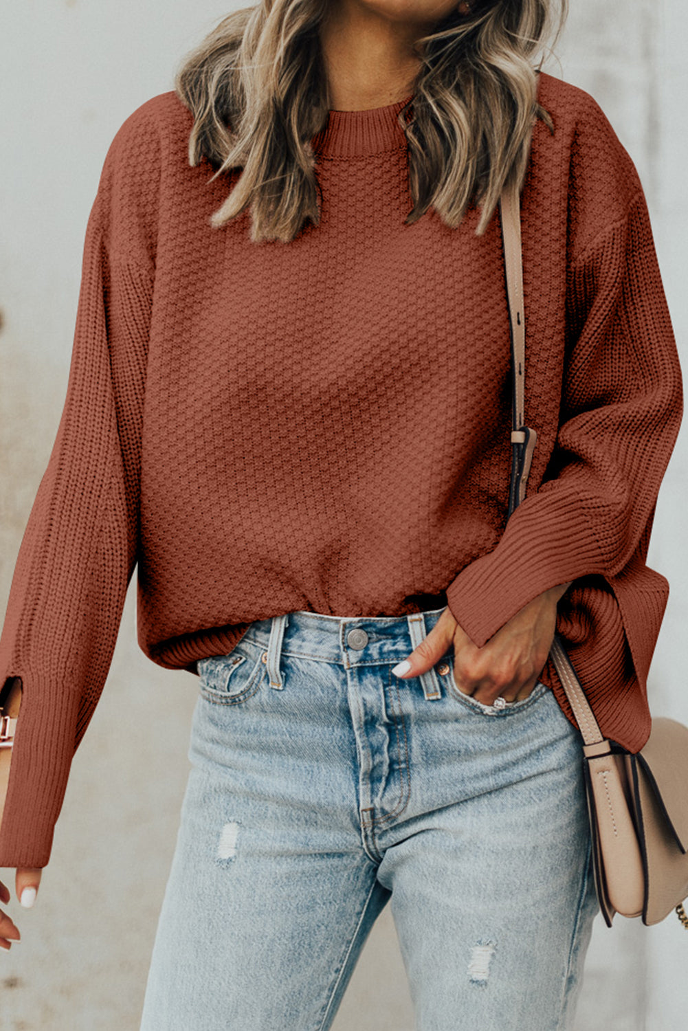 Textured Round Neck Long Sleeve Sweater - Charming Charlie