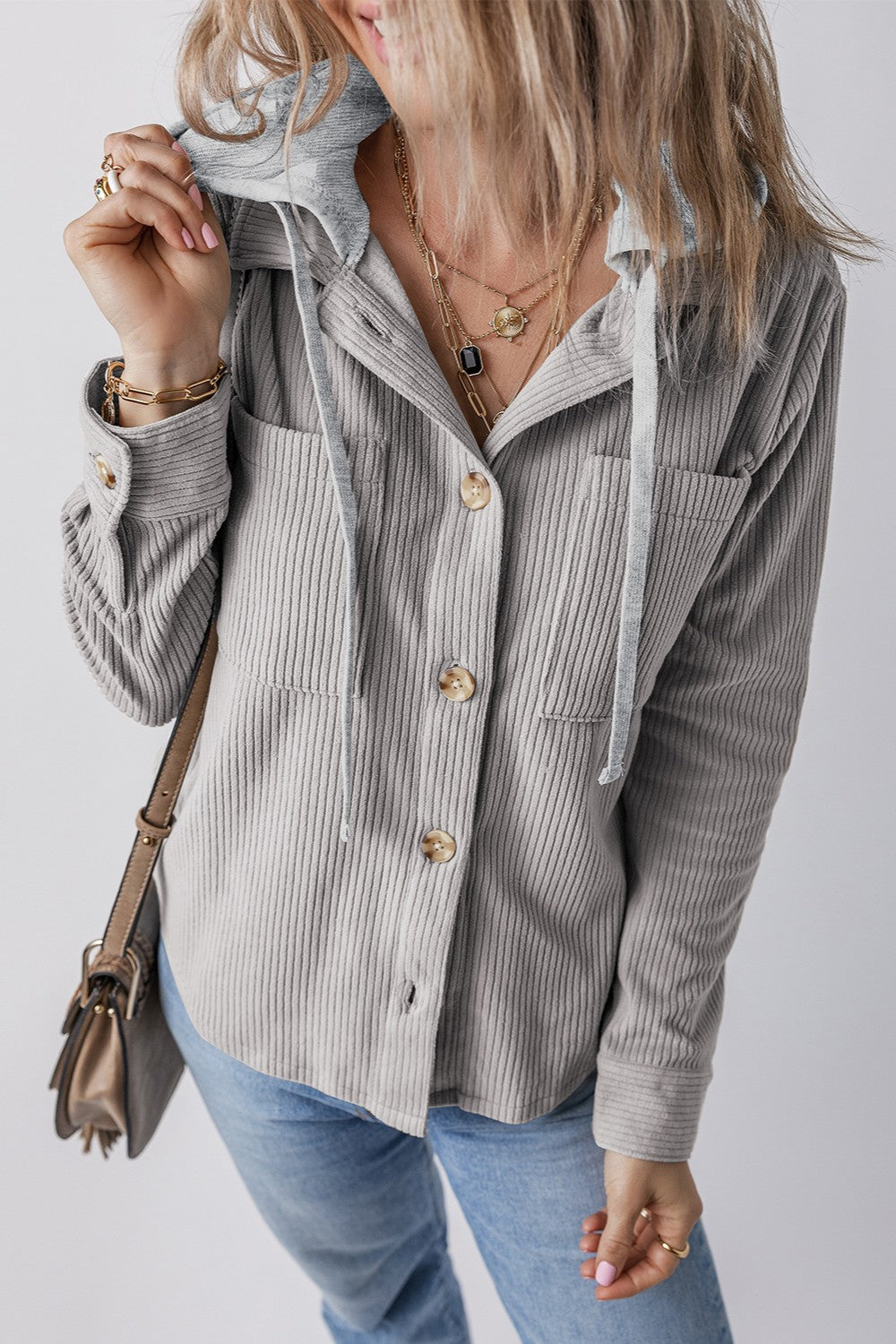 Drawstring Button Up Long Sleeve Hooded Jacket - Charming Charlie