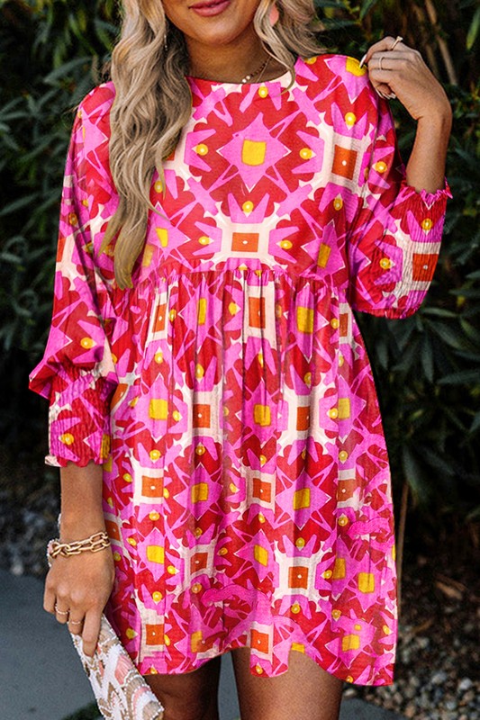Geometric Print Smocked Long Sleeve Mini Dress - Charming Charlie