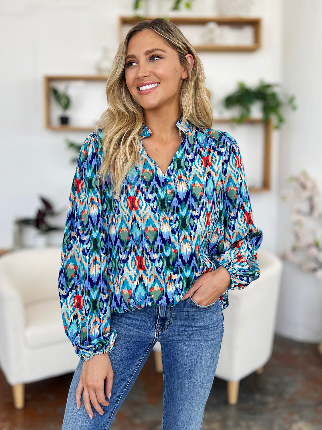 Double Take Full Size Printed Balloon Sleeve Blouse - Charming Charlie