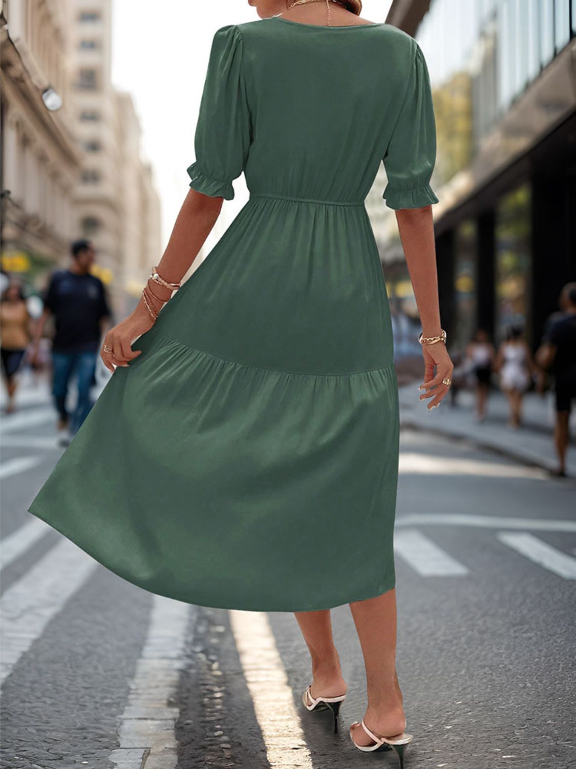 Ruched V-Neck Half Sleeve Midi Dress - Charming Charlie