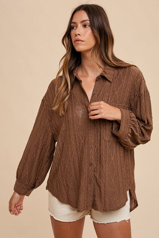 Annie Wear Openwork Button Down Drop Shoulder Shirt - Charming Charlie