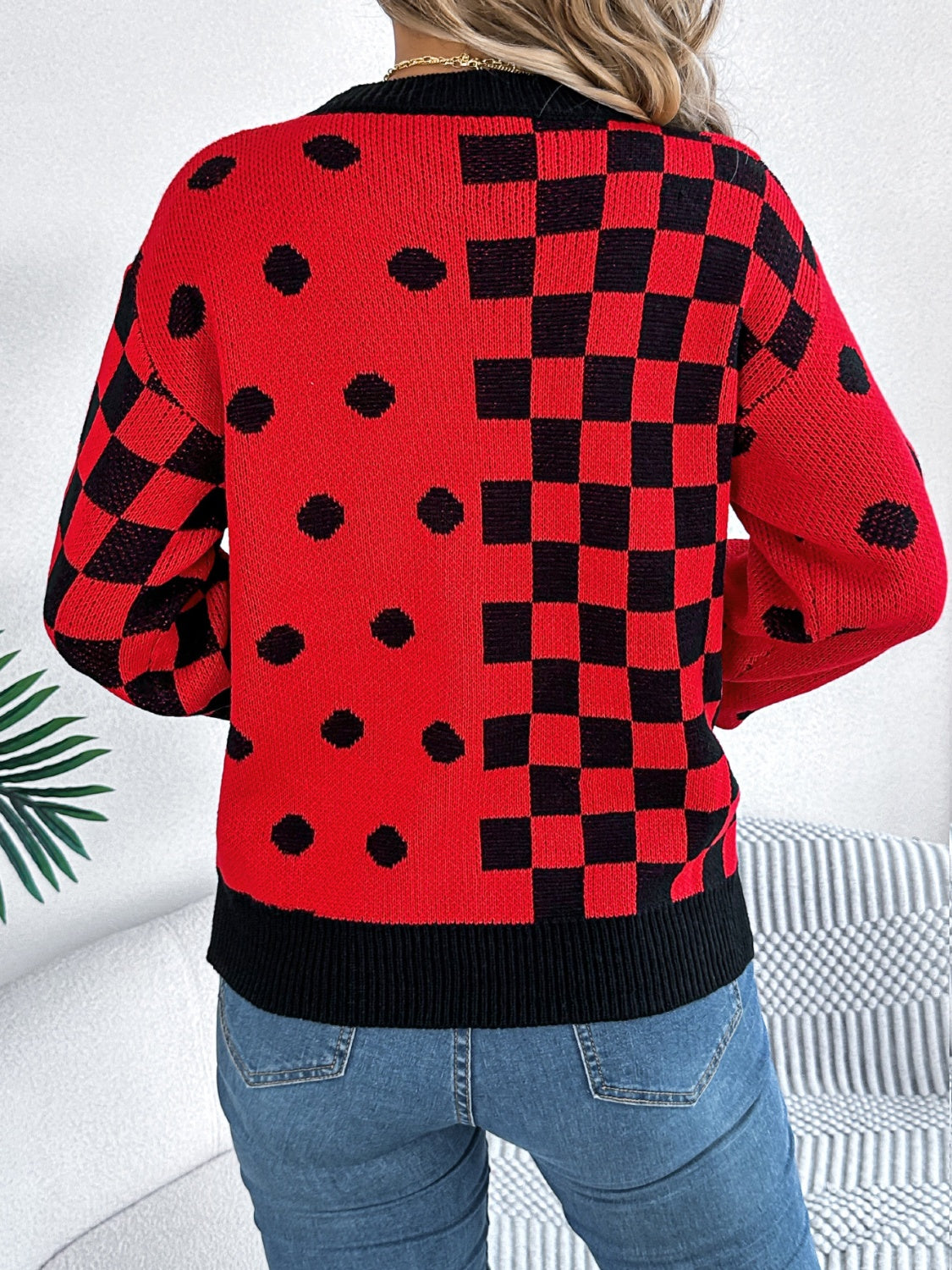 Plaid Round Neck Long Sleeve Sweater - Charming Charlie