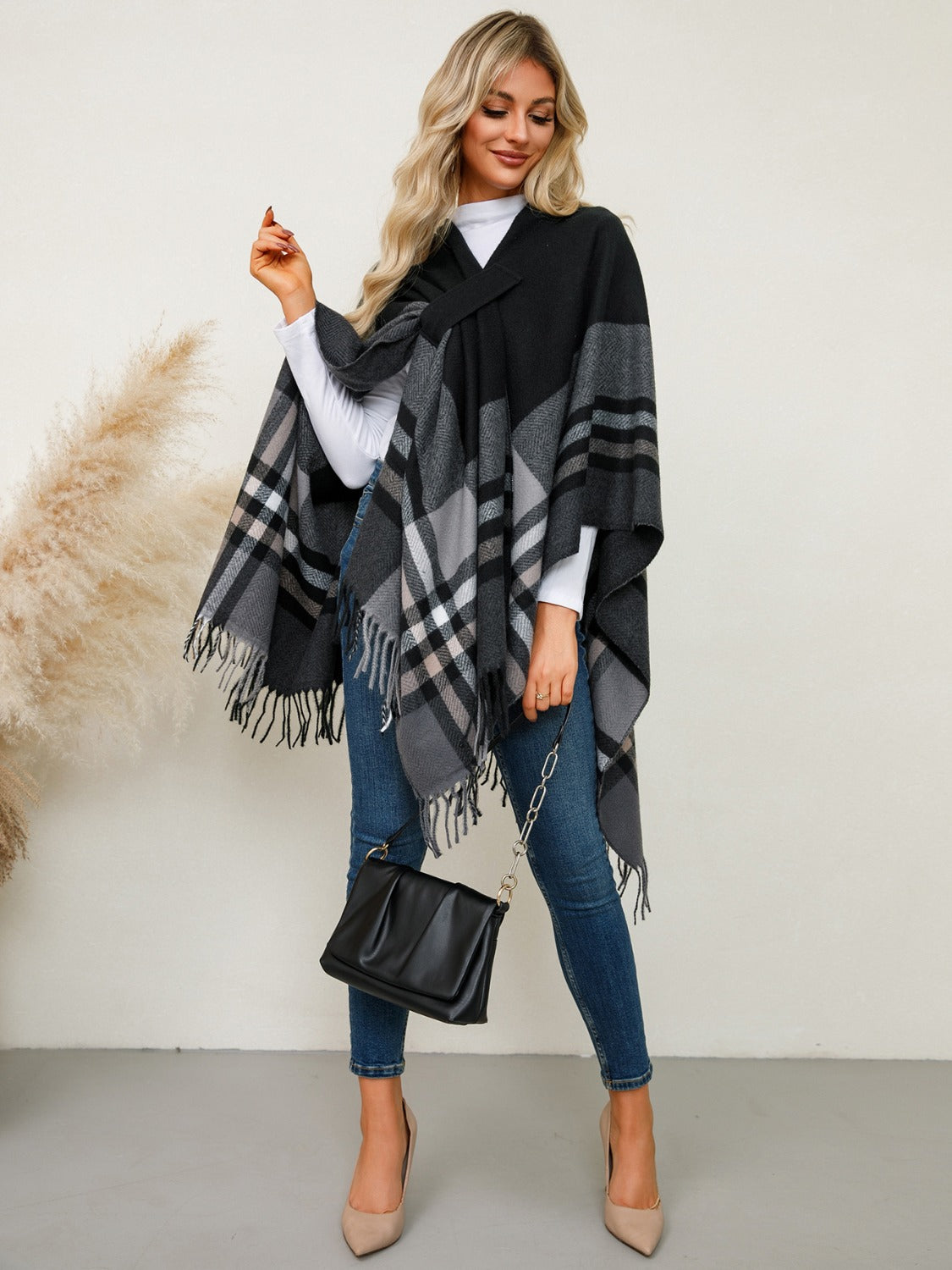 Fringe Contrast Plaid Poncho - Charming Charlie