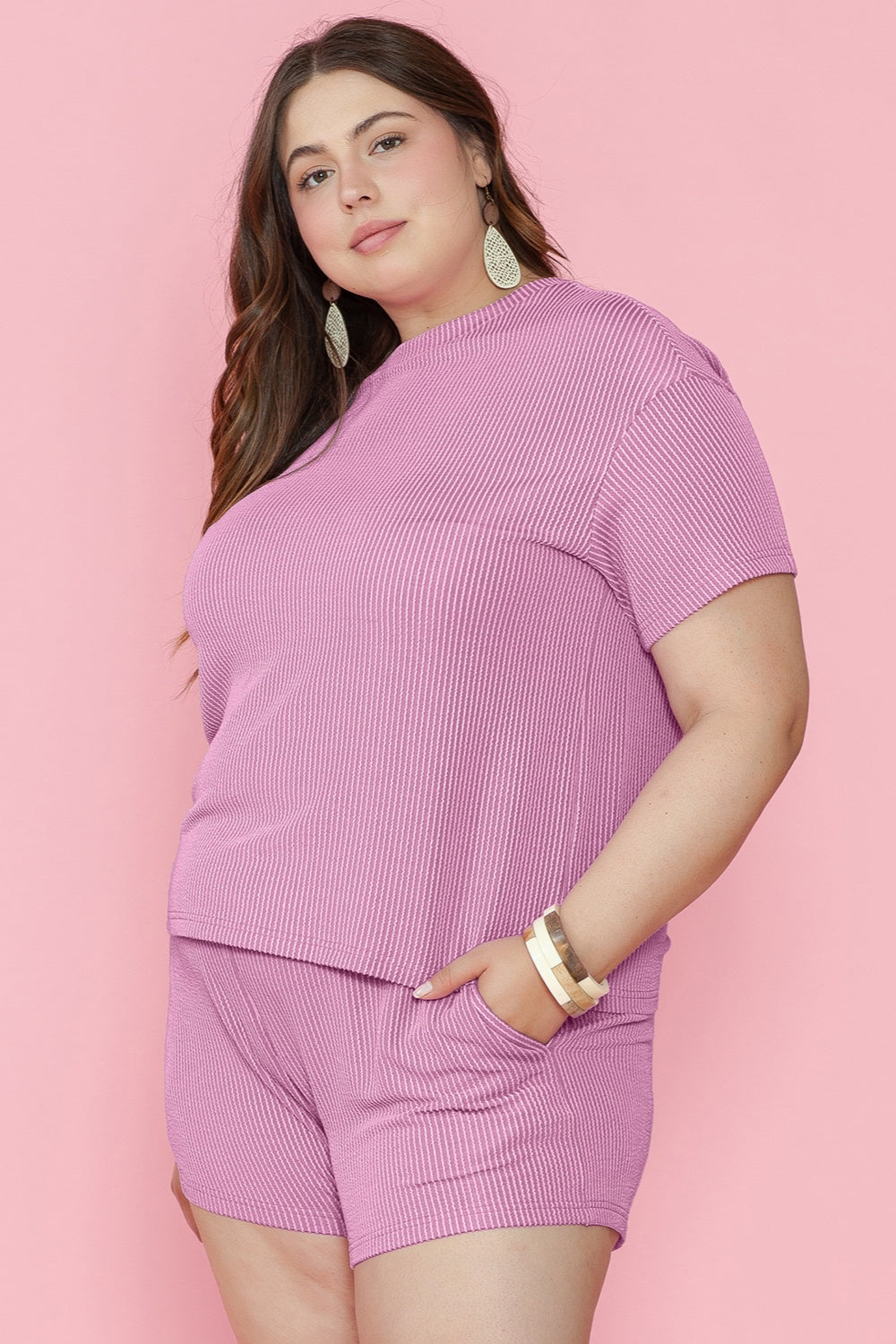 Plus Size Round Neck Short Sleeve Top and Shorts Set - Charming Charlie