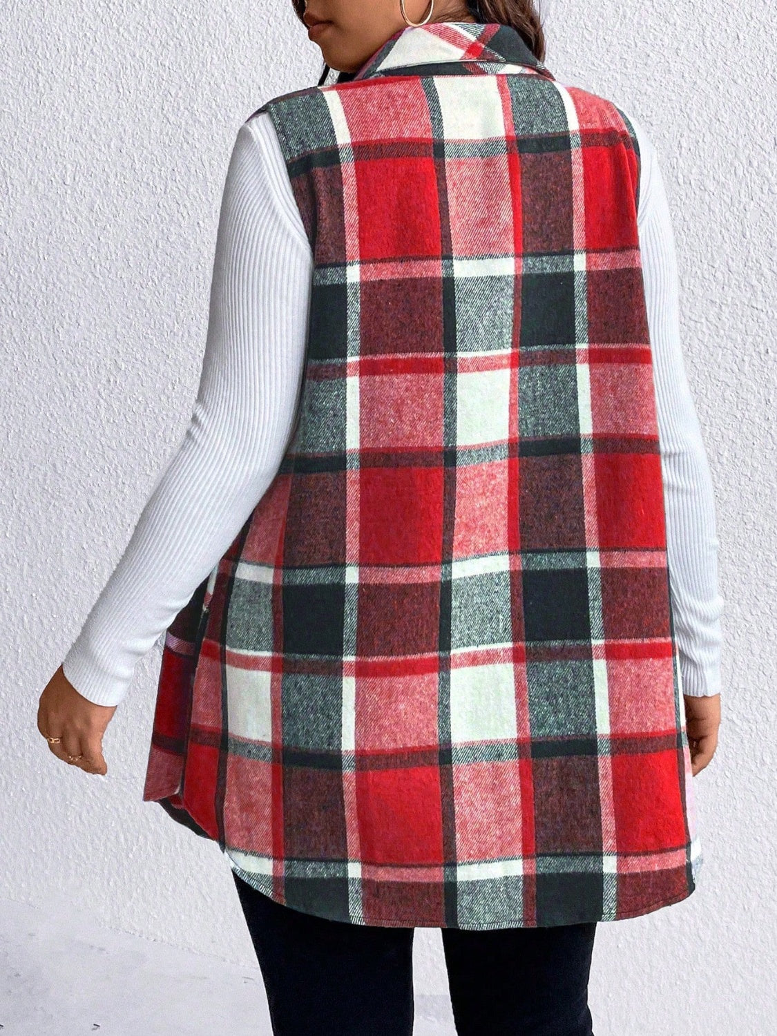 Honey Plus Size Pocketed Plaid Button Up Vest Coat - Charming Charlie