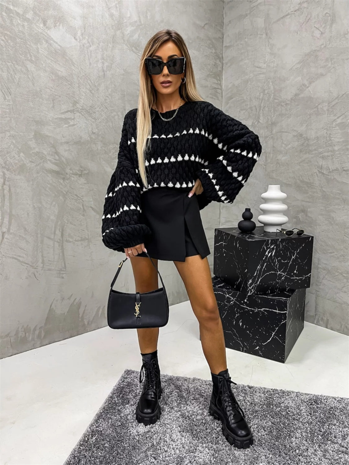 Contrast Round Neck Long Sleeve Sweater - Charming Charlie