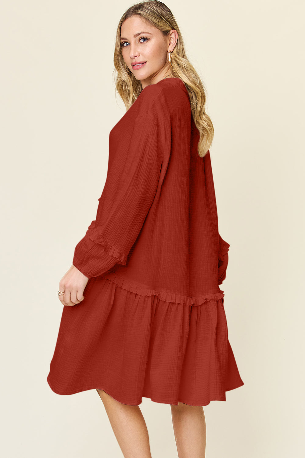 Double Take Full Size Texture Half Button Ruffle Trim Dress - Charming Charlie