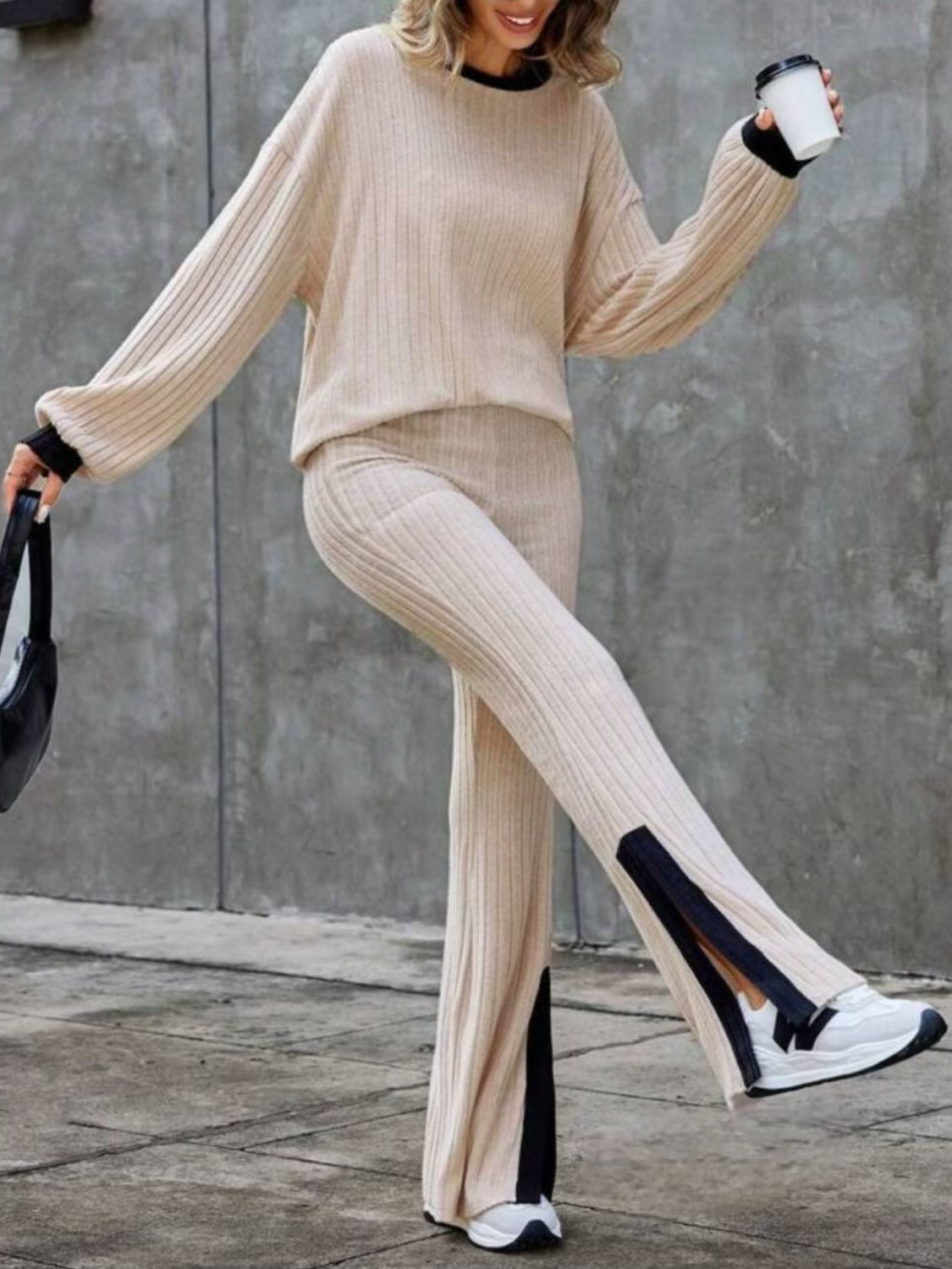 Contrast Round Neck Long Sleeve Top and Bootcut Pants Set - Charming Charlie