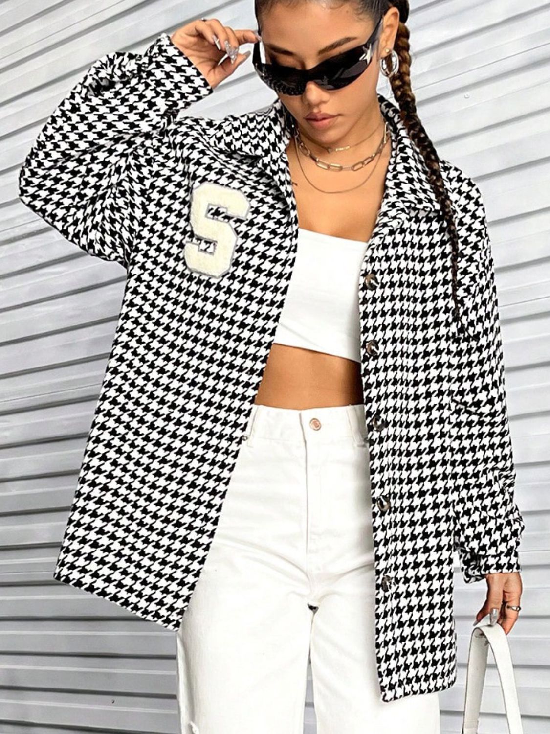 Houndstooth Button Down Long Sleeve Shacket - Charming Charlie