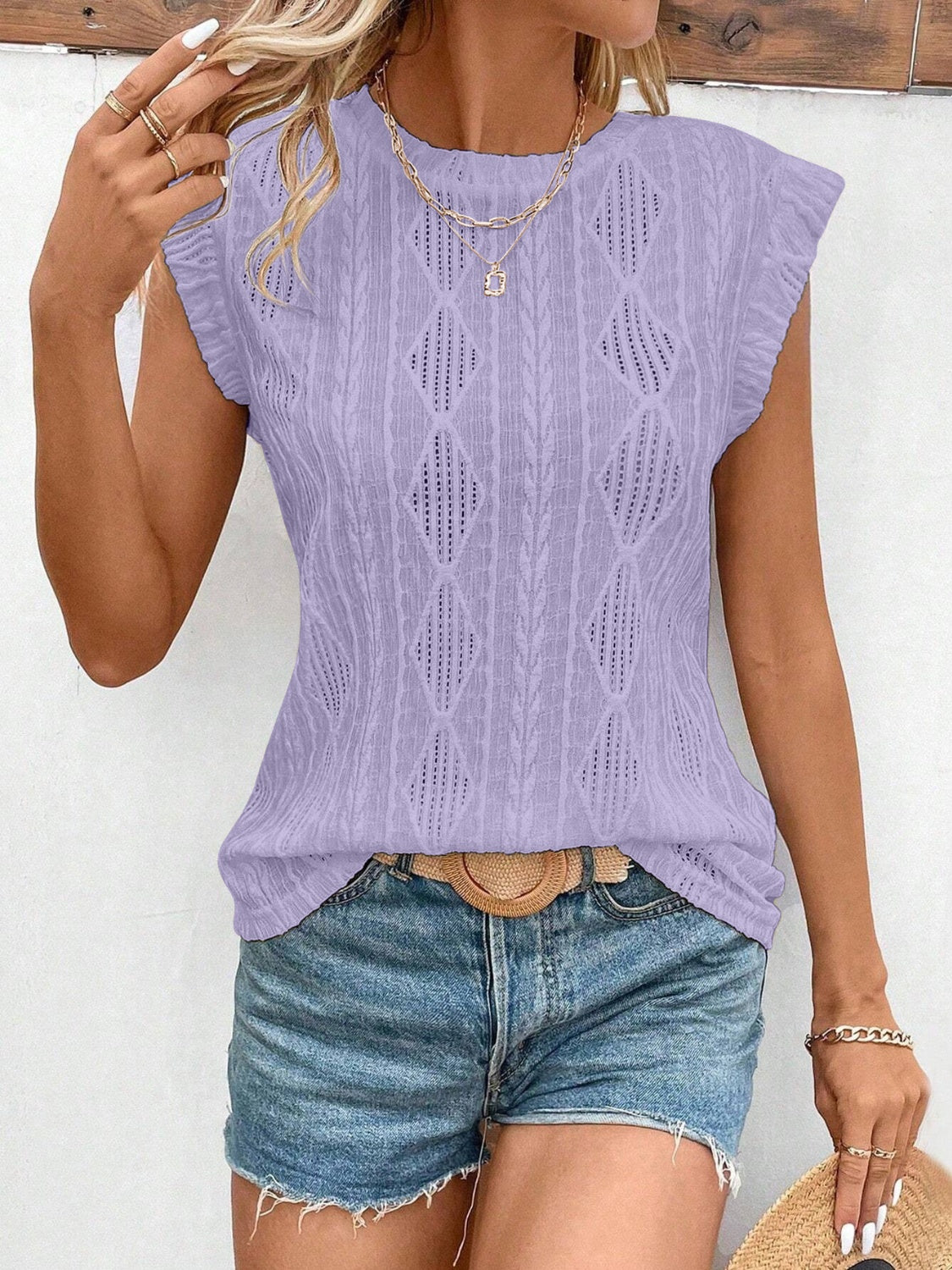 Openwork Round Neck Cap Sleeve Top - Charming Charlie