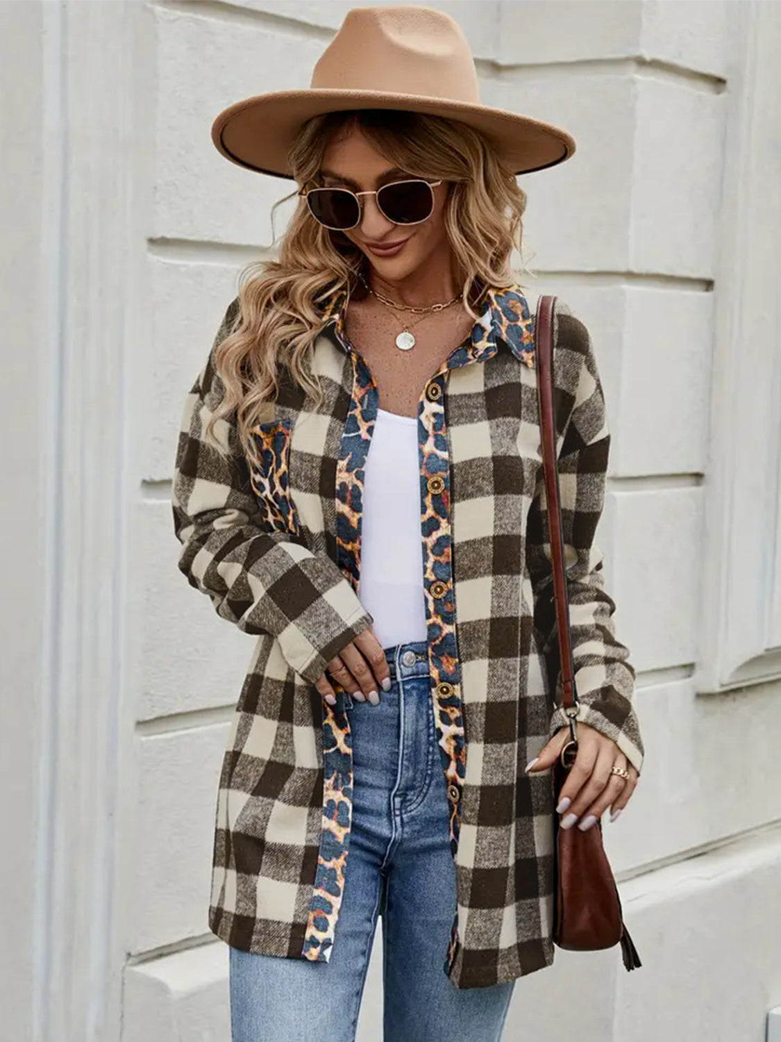 Leopard Trim Plaid Collared Neck Long Sleeve Shirt - Charming Charlie
