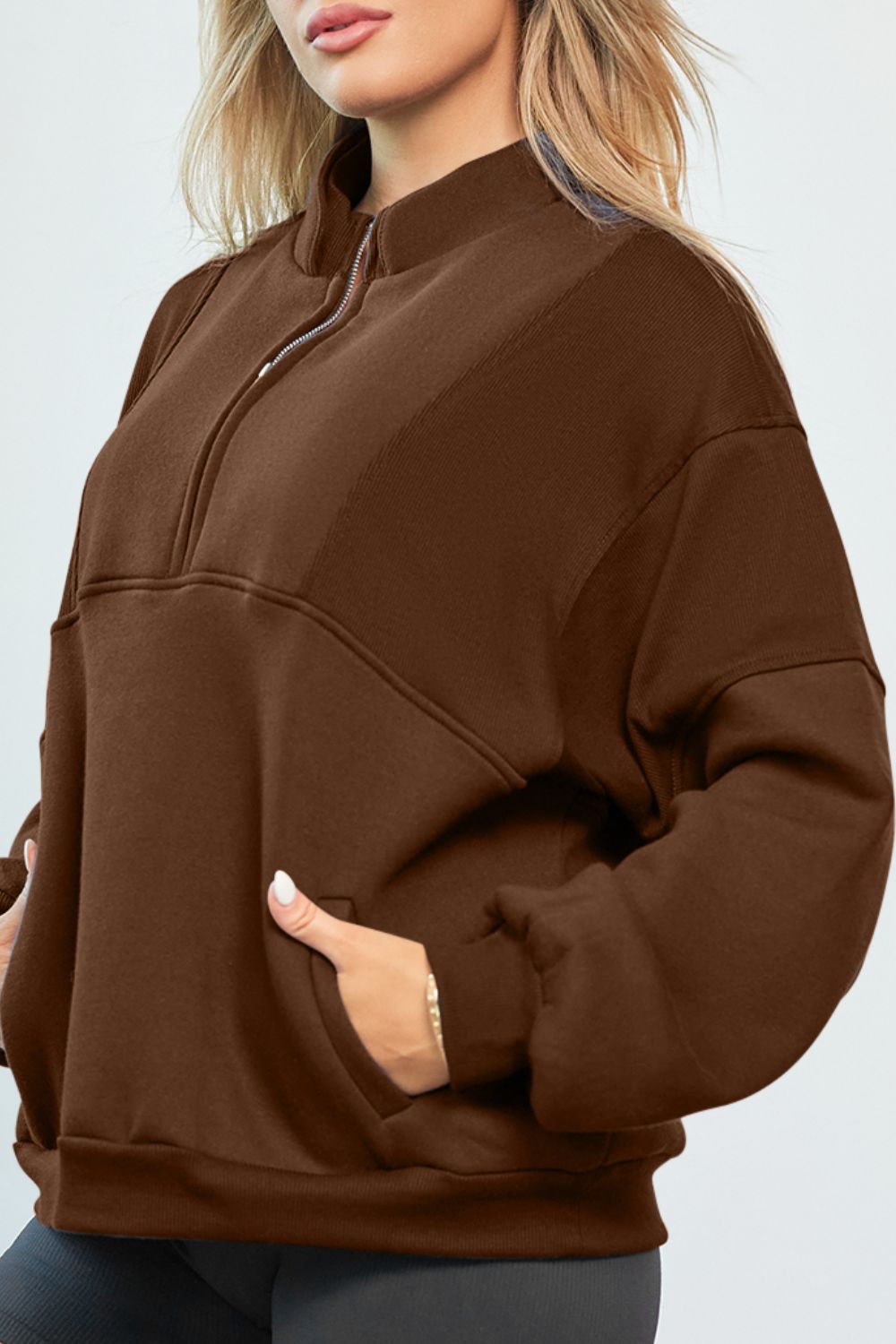 Half Zip Drop Shoulder Long Sleeve Sweatshirt - Charming Charlie
