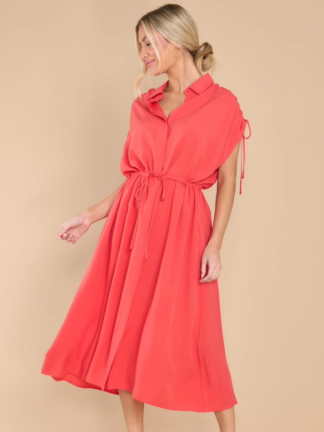 Drawstring Collared Neck Short Sleeve Midi Dress - Charming Charlie