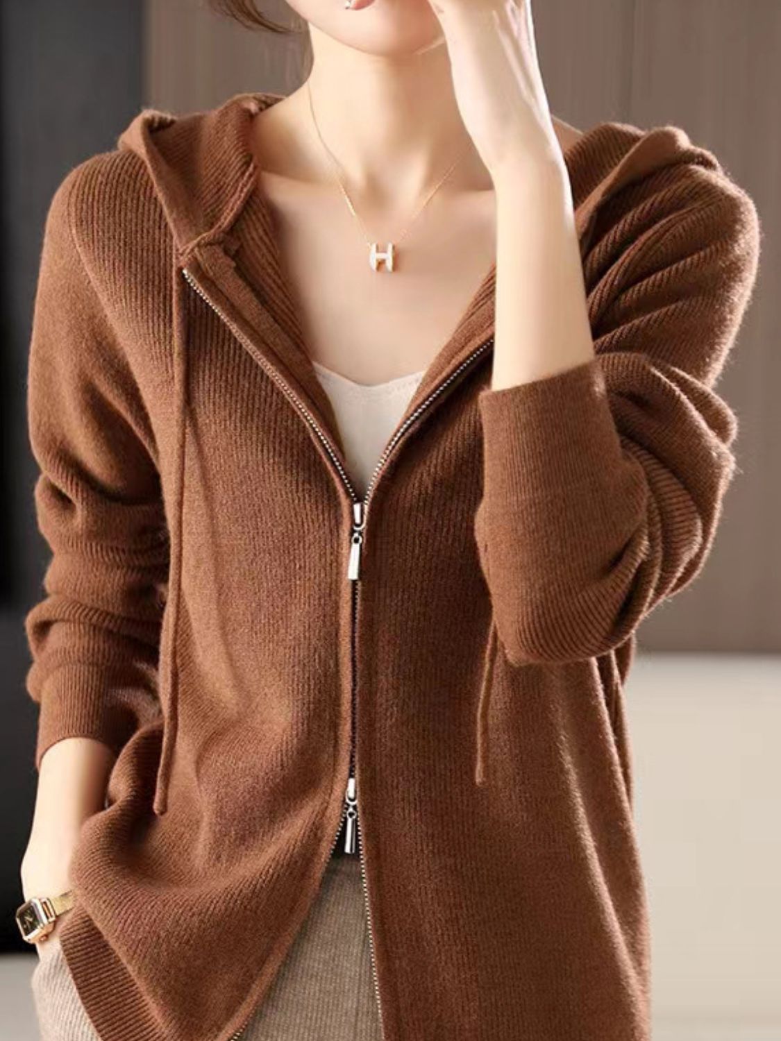 Drawstring Zip Up Long Sleeve Hooded Sweater - Charming Charlie