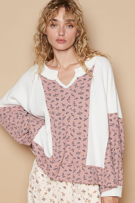 POL Waffle Knit Floral Notched Long Sleeve Top - Charming Charlie