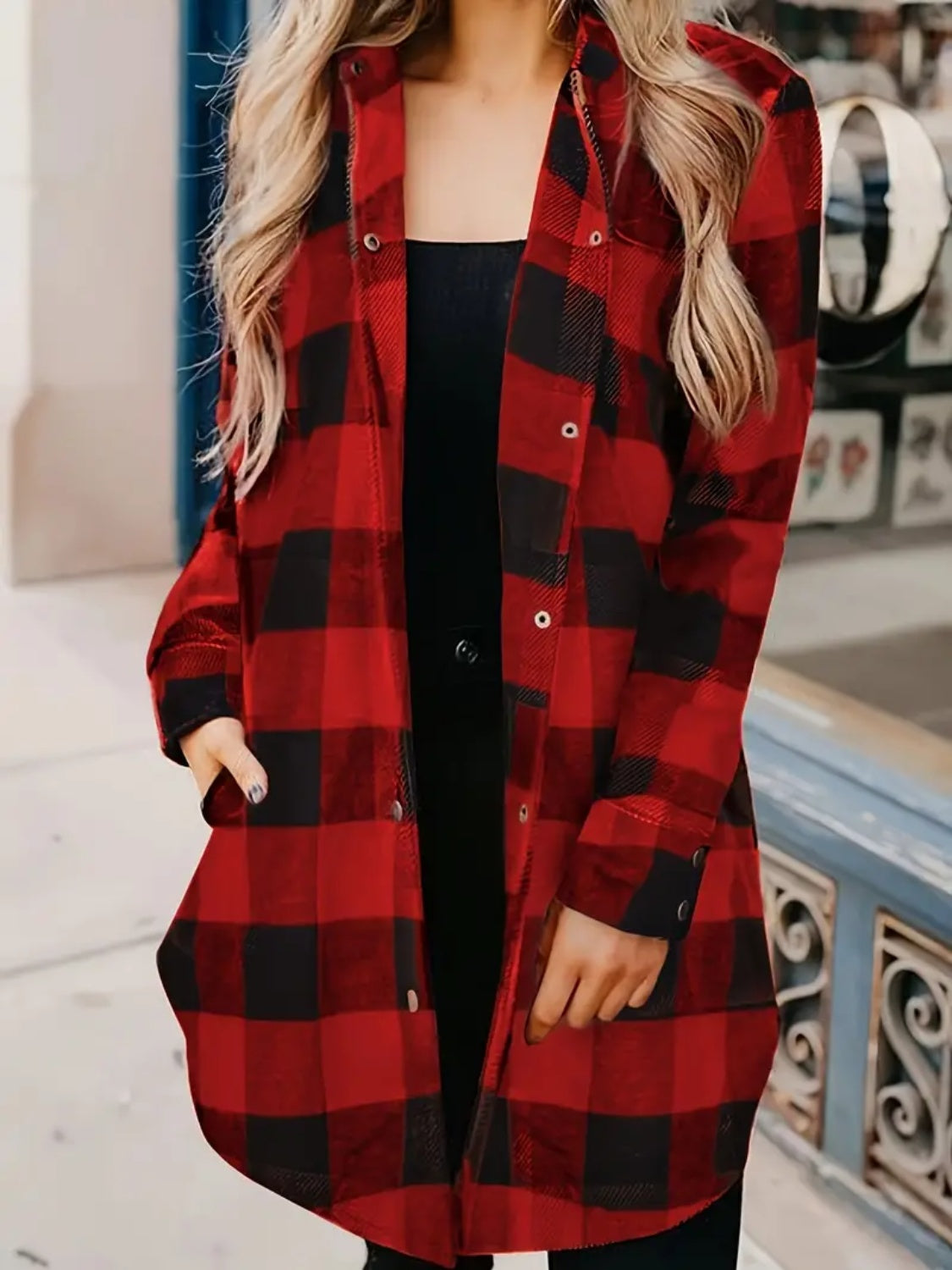 Plaid Collared Neck Snap Down Long Sleeve Jacket - Charming Charlie