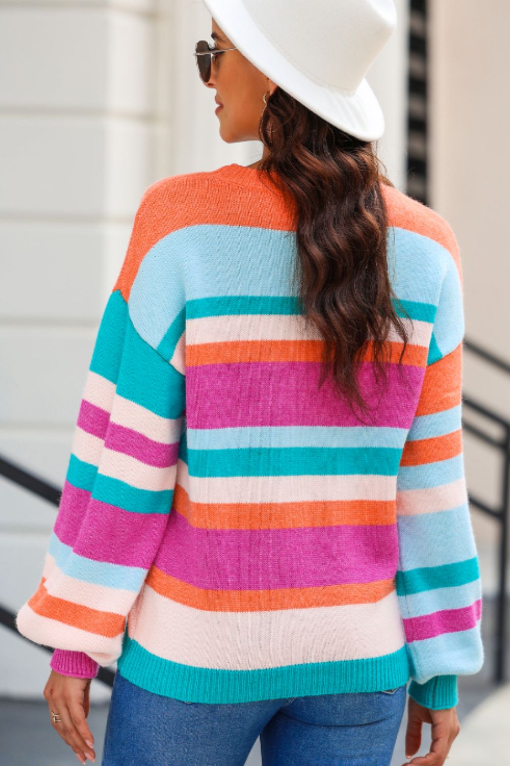 Striped Round Neck Drop Shoulder Sweater - Charming Charlie