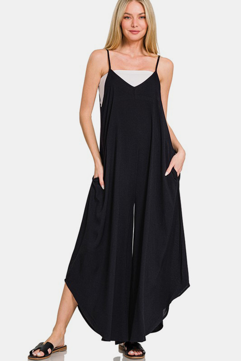 Zenana Spaghetti Strap Wide Leg Overalls with Pockets - Charming Charlie