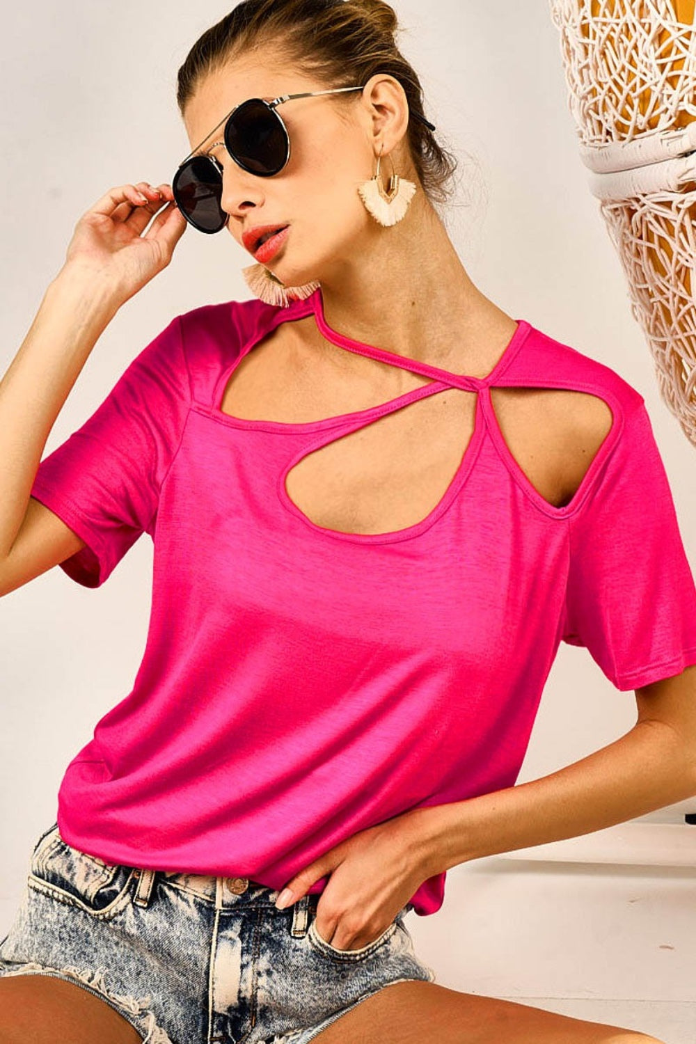 BiBi Cutout Asymmetrical Neck Short Sleeve T-Shirt - Charming Charlie